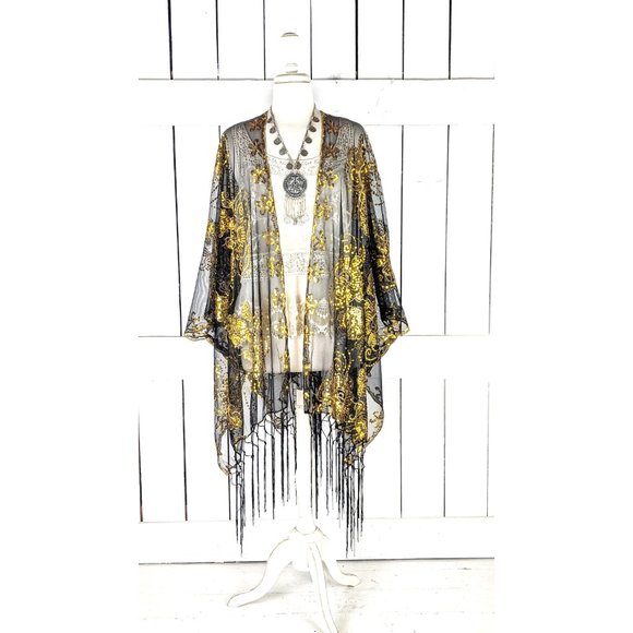 Gold black floral sequin sheer kimono cover up jacket - Picture 6 of 6